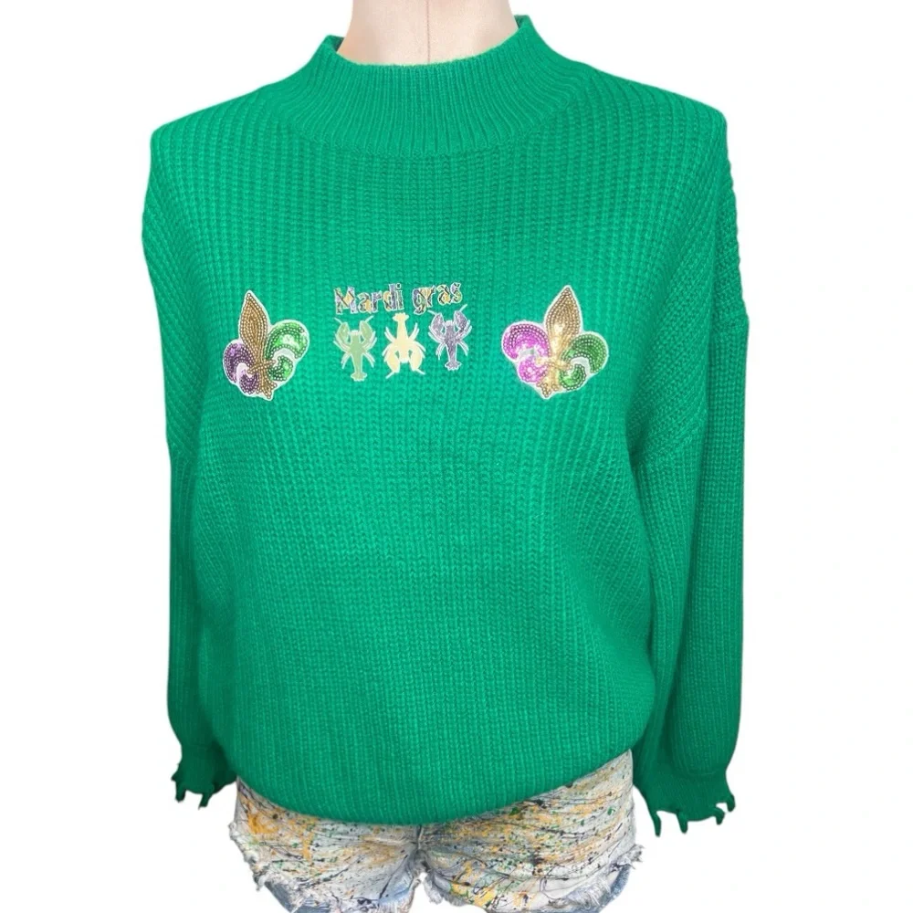 Green Mardi Gras Oversized Distressed Sweater, Size: Small